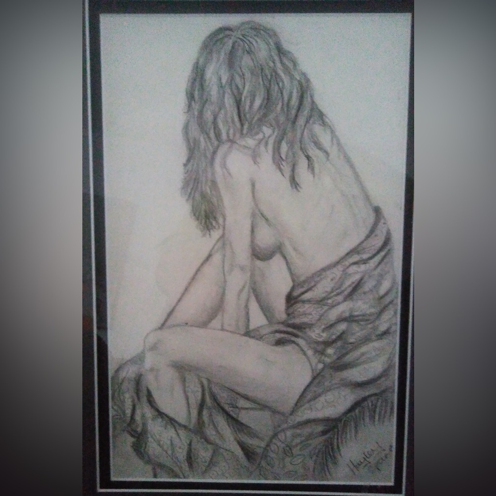 Female form in charcoal or pencil. Signed. Framed by artist. Vintage.